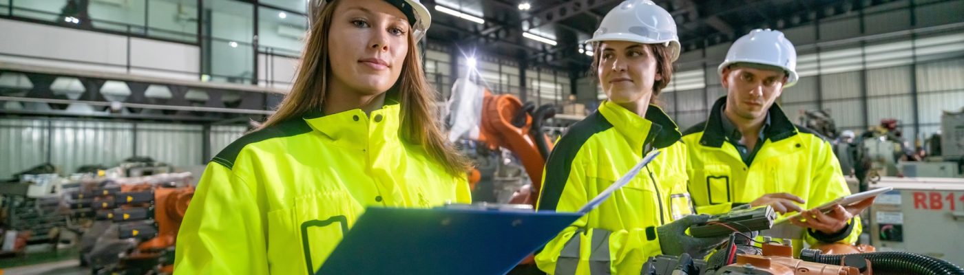 Industrial Team in Safety Gear Conducting Inspection in a Manufacturing Facility